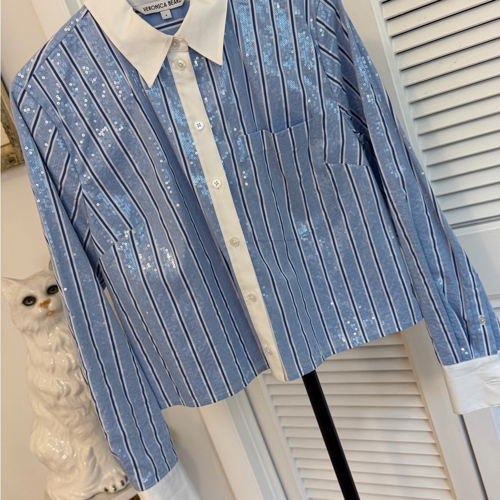 Veronica Beard Blue and White Striped Blouse - Picture 2 of 9